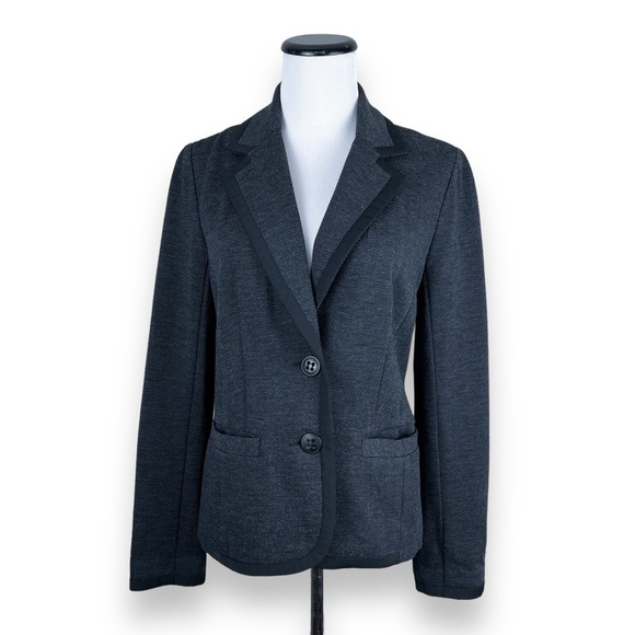 Trina Turk Herringbone Wool Blend Dark Gray Blazer 4 - Black Trim, Stretchy - Picture 1 of 11